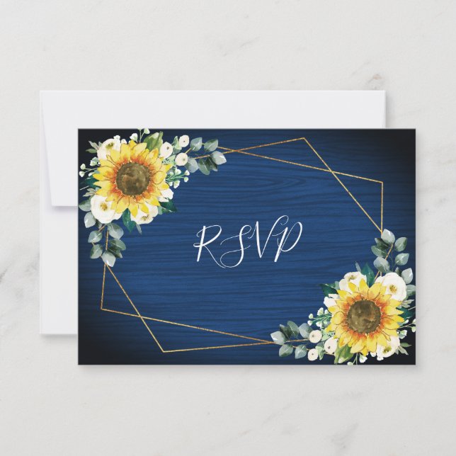 Cartão RSVP Casamento Geométrico Azul Floral Marinho (Frente)