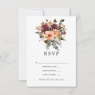 Cartão RSVP Casamento Geométrico de Borgonha e Peach Floral