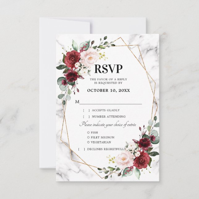 Cartão RSVP Casamento Geométrico de Burgundy Floral Marble (Frente)