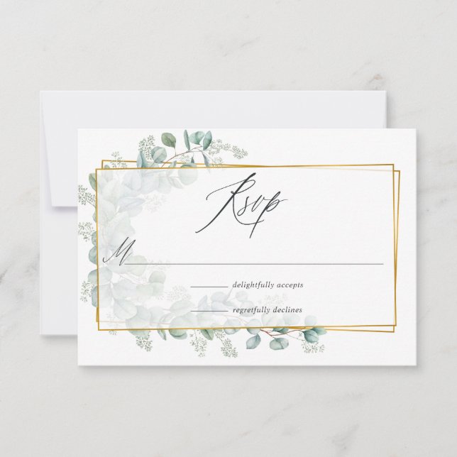 Cartão RSVP Casamento Geométrico de Eucalipto Sage Prata (Frente)