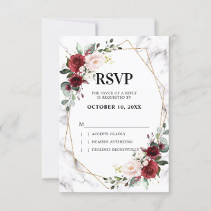 Cartão RSVP Casamento Geométrico de Mármore Floral Borgonha