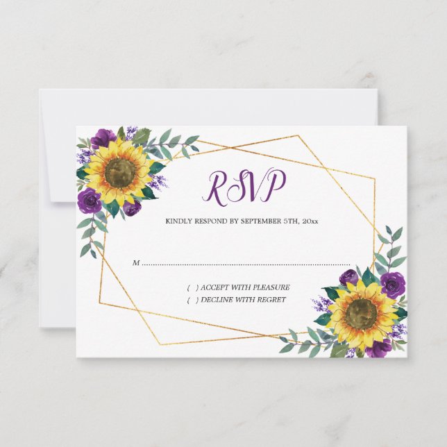 Cartão RSVP Casamento Geométrico de Sunflower Purple Floral (Frente)