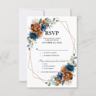 Cartão RSVP Casamento Geométrico de Terracota Azul Marinho Ver