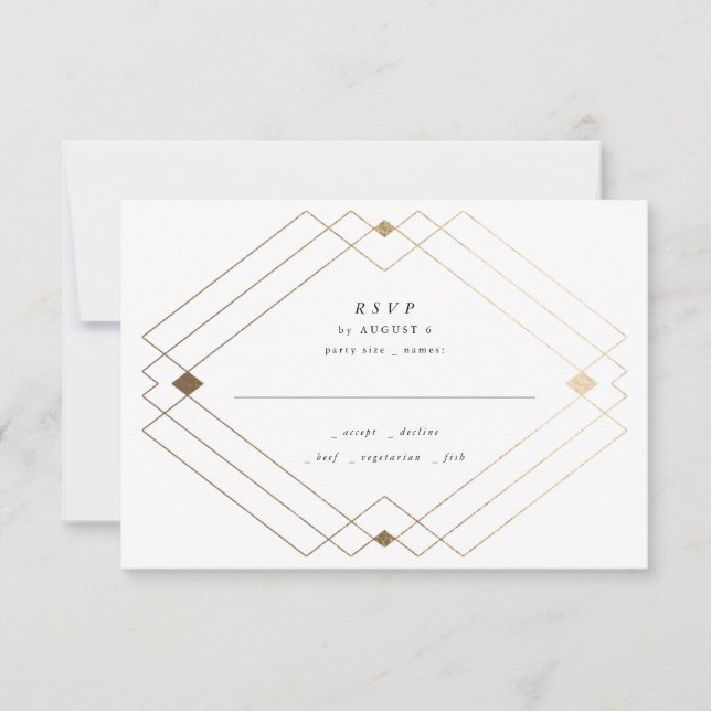 Cartão RSVP Casamento Geométrico Deco Gatsby Dourado Negro Dia (Frente)