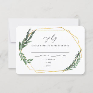 Cartão RSVP casamento geométrico dourado com aguarela verde