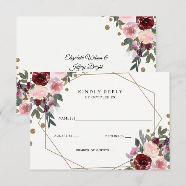 Cartão RSVP Casamento Geométrico Dourado da Floral Burgundy (Frente/Verso)