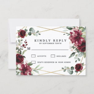 Cartão RSVP Casamento Geométrico Dourado de Blush Vermelho Bur
