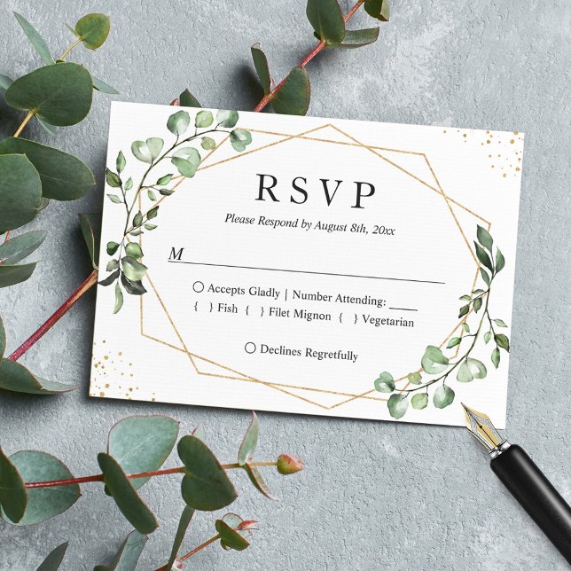 Cartão RSVP Casamento Geométrico Dourado Eucalyptus (Criador carregado)