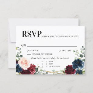 Cartão RSVP Casamento Geométrico Dourado Floral Blush Marinho 
