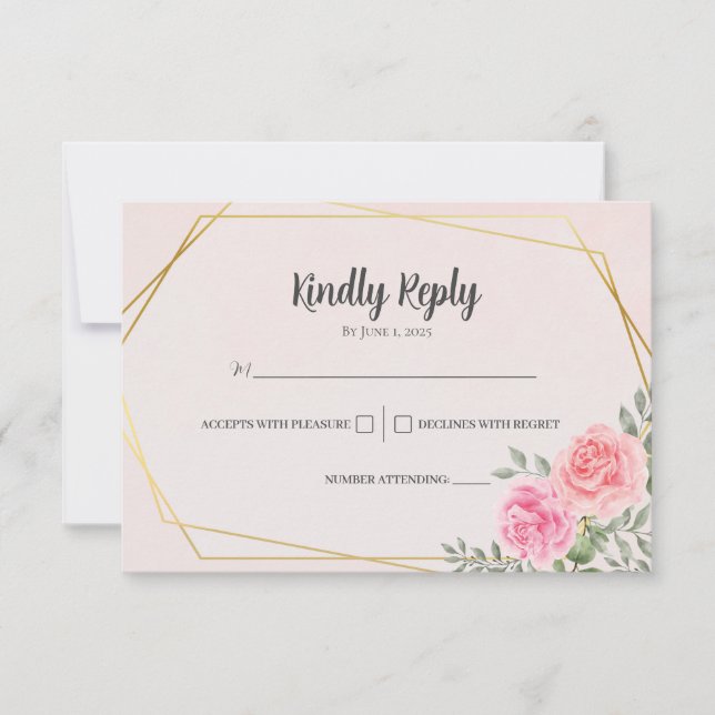 Cartão RSVP Casamento Geométrico Dourado Rosa Rosa Rosa Rosa F (Frente)
