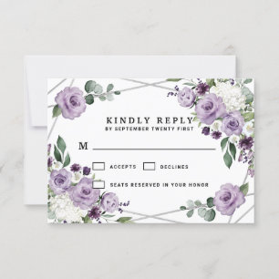 Cartão RSVP Casamento Geométrico Elegante Roxo Floral e Silve