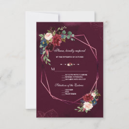 Cartão RSVP Casamento Geométrico Floral Real Burgundy Blush
