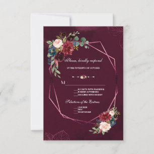 Cartão RSVP Casamento Geométrico Floral Real Burgundy Blush