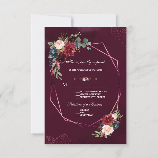 Cartão RSVP Casamento Geométrico Floral Real Burgundy Blush (Frente)