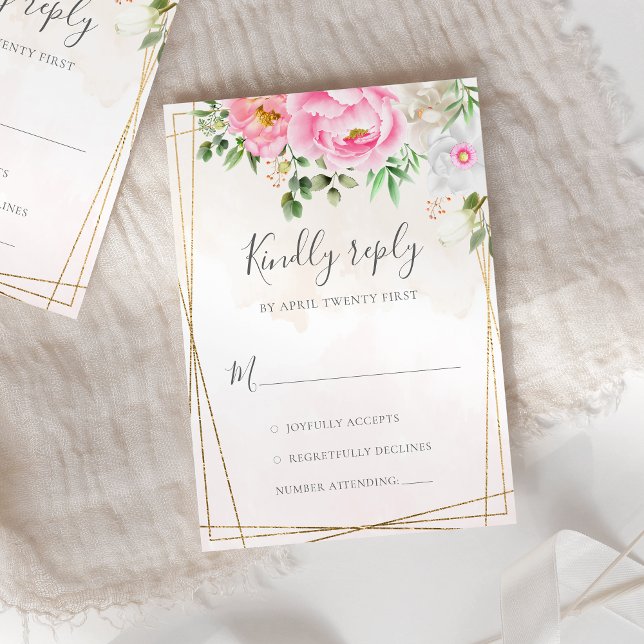 Cartão RSVP Casamento Geométrico Pink Watercolor Peonies Flora (Criador carregado)