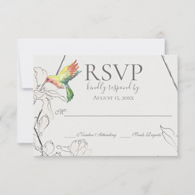 Cartão RSVP Casamento Geométrico Watercolor Hummingbird (Frente)