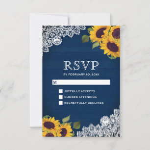 Cartão RSVP Casamento Girassol de Renda de Madeira Azul Naval