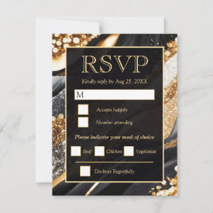 Cartão RSVP Casamento Glitter de Ágata Preta e Dourada Elegant