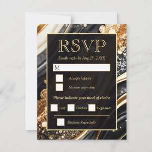 Cartão RSVP Casamento Glitter de Ágata Preta e Dourada Elegant
