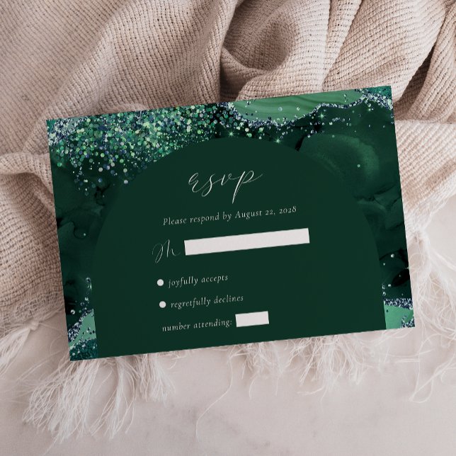 Cartão RSVP Casamento Glitter de Prata do Arco Verde Emerald (Criador carregado)