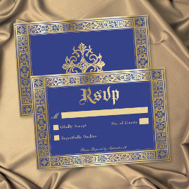 Cartão RSVP Casamento Gótico Azul Dourado Medieval Até a Morte