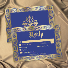 Cartão RSVP Casamento Gótico Azul Dourado Medieval Até a Morte
