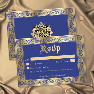 Cartão RSVP Casamento Gótico Azul Dourado Medieval Até a Morte