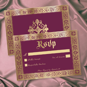 Cartão RSVP Casamento Gótico Borgonha Dourado Medieval Até a M