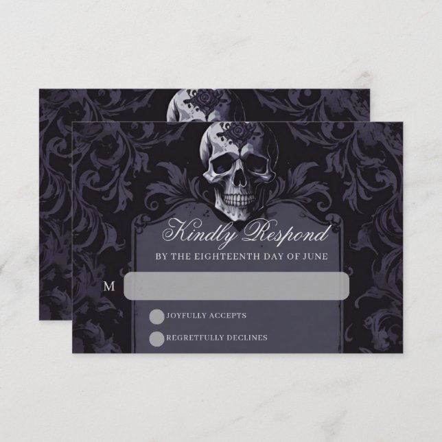 Cartão RSVP Casamento Gótico de Elegância Roxo Boho Skull (Frente/Verso)