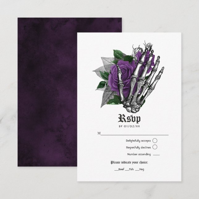 Cartão RSVP Casamento Gótico de Esqueleto Floral Roxo (Frente/Verso)