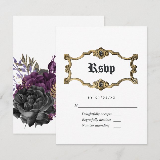 Cartão RSVP Casamento Gótico de Halloween Floral (Frente/Verso)
