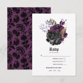 Cartão RSVP Casamento Gótico Floral Preto Roxo Dourado