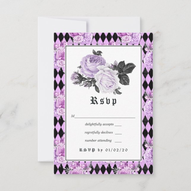 Cartão RSVP Casamento Gótico Floral Preto Roxo e Prata (Frente)
