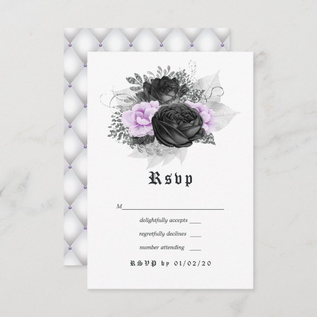 Cartão RSVP Casamento Gótico Floral Preto Roxo e Prata (Frente/Verso)