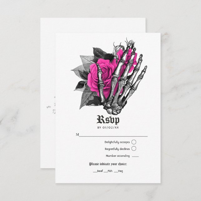 Cartão RSVP Casamento Gótico Floral Rosa-Quente (Frente/Verso)