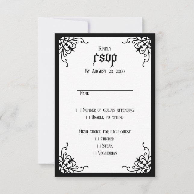 Cartão RSVP Casamento Gótico Preto Branco (Frente)