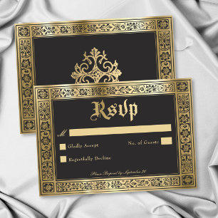 Cartão RSVP Casamento Gótico Preto Dourado Medieval Até a Mort