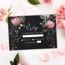 Cartão RSVP Casamento Gótico Preto Elegante Moody Floral Dark