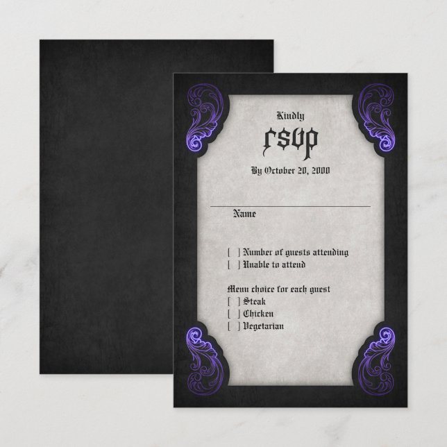 Cartão RSVP Casamento Gótico Preto Roxo (Frente/Verso)