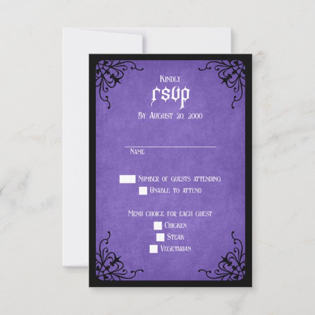 Cartão RSVP Casamento Gótico Preto Roxo (Frente)