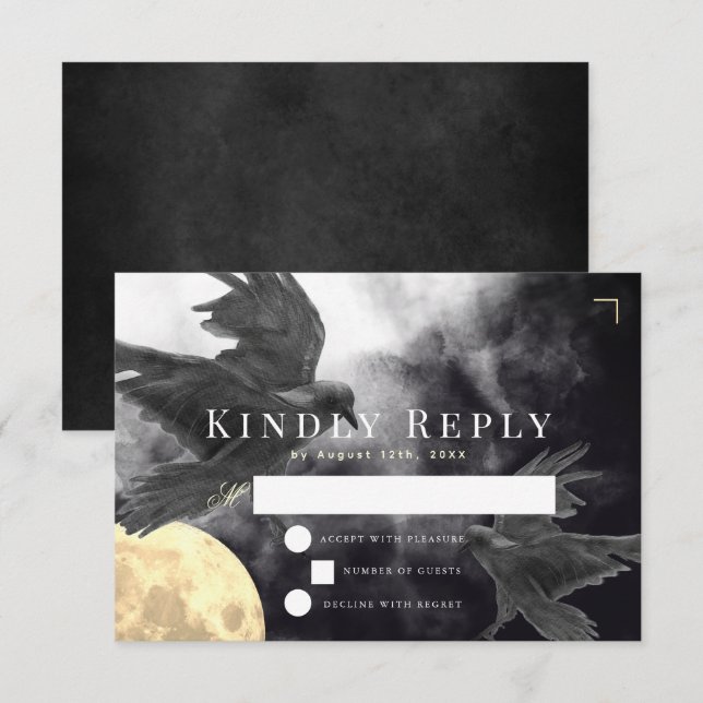 Cartão RSVP Casamento Gótico Raven & Ouro (Frente/Verso)