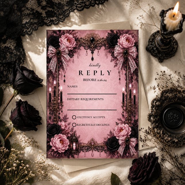 Cartão RSVP Casamento Gótico Romântico Rosa (Criador carregado)