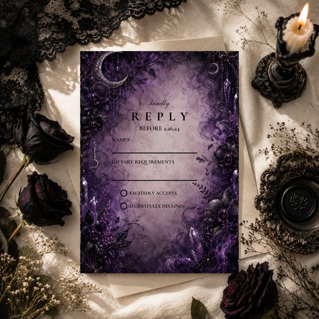 Cartão RSVP Casamento Gótico Roxo Goth (Criador carregado)