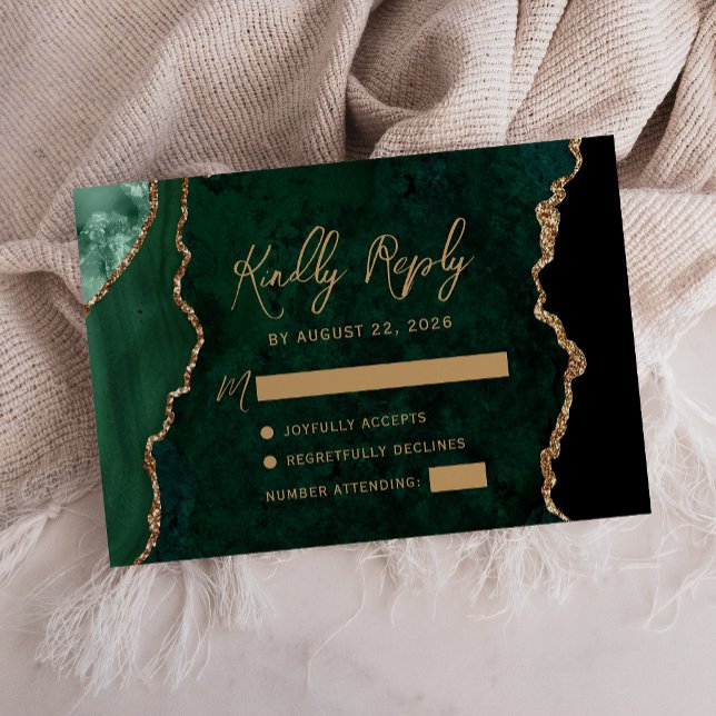 Cartão RSVP Casamento Grafite Dourado Ágata Verde Esmeralda (Criador carregado)