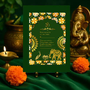 Cartão RSVP Casamento Hindu Marigold, tradicional do Emerald