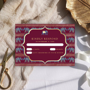 Cartão RSVP Casamento Indiano Elefante Burgundy e Dourado