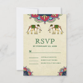 Cartão RSVP Casamento Indiano Elefantes Tradicionais