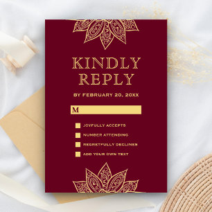 Cartão RSVP Casamento Indiano Mehendi Henna Borgonha Dourado