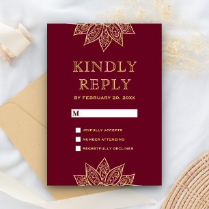 Cartão RSVP Casamento Indiano Mehendi Henna Borgonha Dourado