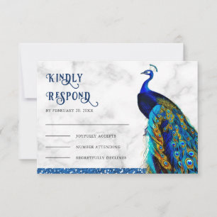Cartão RSVP Casamento Indiano Pavão com Brilho Azul Chic Moder